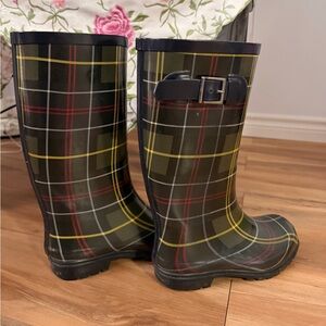 Women’s Olive Plaid Waterproof Rain Boots with Buckle